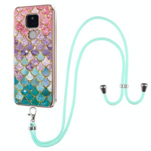 For Motorola Moto G Play 2021 Electroplating Pattern IMD TPU Shockproof Case with Neck Lanyard(Colorful Scales) (OEM)