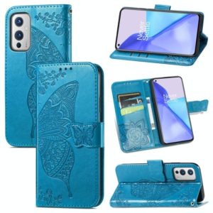 For OnePlus 9 Butterfly Love Flowers Embossed Horizontal Flip Leather Case with Holder & Card Slots & Wallet & Lanyard(Blue) (OEM)