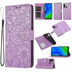 For Huawei P smart 2020 Skin Feel Embossed Sunflower Horizontal Flip Leather Case with Holder & Card Slots & Wallet & Lanyard(Purple) (OEM)