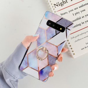 For Galaxy S10 Plus Plating Colorful Geometric Pattern Mosaic Marble TPU Mobile Phone Case Rhinestone Stand Ring(Purple PR4) (OEM)
