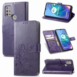 For Motorola Moto G10 , G30 Four-leaf Clasp Embossed Buckle Mobile Phone Protection Leather Case with Lanyard & Card Slot & Wallet & Bracket Function(Purple) (OEM)