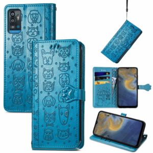 For ZTE A71 Lovely Cat and Dog Embossing Pattern Horizontal Flip Leather Case , with Holder & Card Slots & Wallet & Cartoon Clasp & Lanyard(Blue) (OEM)
