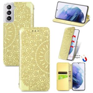 For Samsung Galaxy S21+ 5G Blooming Mandala Embossed Pattern Magnetic Horizontal Flip Leather Case with Holder & Card Slots & Wallet(Yellow) (OEM)