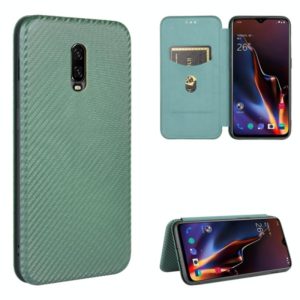 For OnePlus 6T Carbon Fiber Texture Horizontal Flip TPU + PC + PU Leather Case with Card Slot(Green) (OEM)