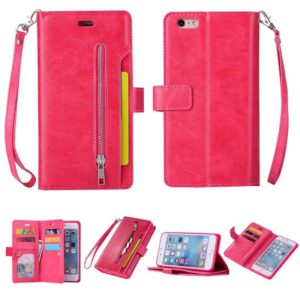 For iPhone 6 Plus & 6s Plus Multifunctional Zipper Horizontal Flip Leather Case with Holder & Wallet & 9 Card Slots & Lanyard(Rose Red) (OEM)