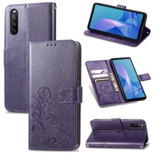 For Sony Xperia 10 III Four-leaf Clasp Embossed Buckle Mobile Phone Protection Leather Case with Lanyard & Card Slot & Wallet & Bracket Function(Purple) (OEM)