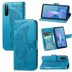 For Sony Xperia 10 III Butterfly Love Flowers Embossed Horizontal Flip Leather Case with Holder & Card Slots & Wallet & Lanyard(Blue) (OEM)