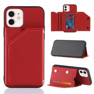 For iPhone 12 / 12 Pro Skin Feel PU + TPU + PC Back Cover Shockproof Case with Card Slots & Holder & Photo Frame(Red) (OEM)