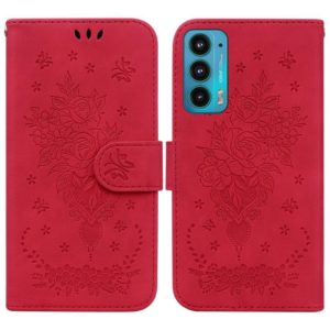 For Motorola Edge 20 Butterfly Rose Embossed Leather Phone Case(Red) (OEM)
