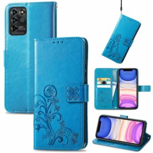 For ZTE V30 Vita Four-leaf Clasp Embossed Leather Case with Lanyard & Card Slot & Wallet & Holder(Blue) (OEM)