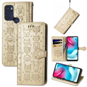 For Motorola Moto G60S Lovely Cat and Dog Embossing Pattern Horizontal Flip Leather Phone Case with Holder & Card Slots & Wallet & Cartoon Clasp & Lanyard(Gold) (OEM)