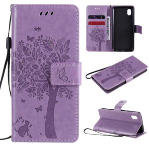 For Samsung Galaxy A01 Core Tree & Cat Pattern Pressed Printing Horizontal Flip PU Leather Case with Holder & Card Slots & Wallet & Lanyard(Light Purple) (OEM)