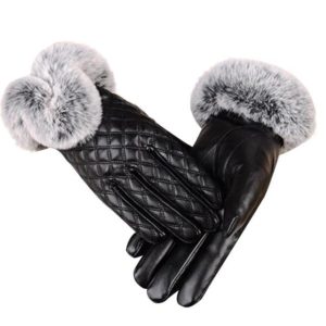 Women PU Leather Gloves Imitated Rabbit Fur Thick Warm Winter and Autumn Female Gloves(Black) (OEM)