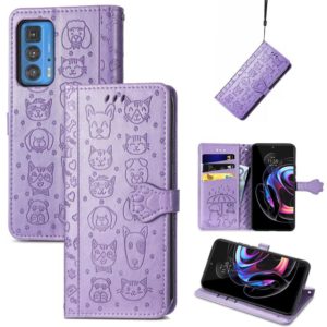 For Motorola Edge 20 Pro Lovely Cat and Dog Embossing Pattern Horizontal Flip Leather Case , with Holder & Card Slots & Wallet & Cartoon Clasp & Lanyard(Purple) (OEM)