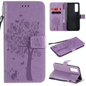 For Huawei Nova 7 Tree & Cat Embossed Pattern Horizontal Flip Leather Case with Holder & Card Slots & Wallet & Lanyard(Light Purple) (OEM)