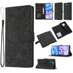 For Xiaomi Redmi 10X 5G Skin Feel Embossed Sunflower Horizontal Flip Leather Case with Holder & Card Slots & Wallet & Lanyard(Black) (OEM)