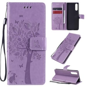 For Sony Xperia 10 II Tree & Cat Embossed Pattern Horizontal Flip Leather Case with Holder & Card Slots & Wallet & Lanyard(Light Purple) (OEM)