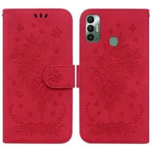 For Tecno Spark 7 Butterfly Rose Embossed Leather Phone Case(Red) (OEM)