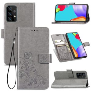 For Samsung Galaxy A52 5G / 4G Four-leaf Clasp Embossed Buckle Mobile Phone Protection Leather Case with Lanyard & Card Slot & Wallet & Bracket Function(Gray) (OEM)