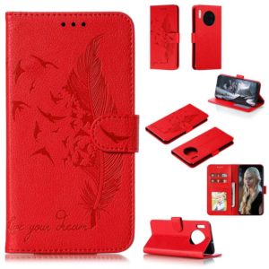 For Huawei Mate 30 Feather Pattern Litchi Texture Horizontal Flip Leather Case with Holder & Wallet & Card Slots(Red) (OEM)