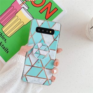 For Galaxy S10 Plus Plating Colorful Geometric Pattern Mosaic Marble TPU Mobile Phone Case with Folding Bracket(Green PF2) (OEM)