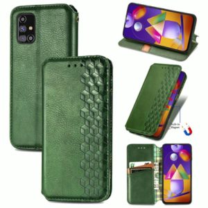 For Samsung Galaxy M31S Cubic Grid Pressed Horizontal Flip Magnetic PU Leather Case with Holder & Card Slots & Wallet(Green) (OEM)