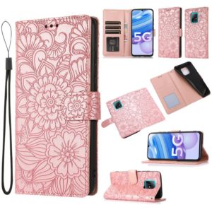 For Xiaomi Redmi 10X 5G Skin Feel Embossed Sunflower Horizontal Flip Leather Case with Holder & Card Slots & Wallet & Lanyard(Rose Gold) (OEM)