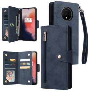 For OnePlus 7T Rivet Buckle 9 Cards Three Fold Leather Phone Case(Blue) (OEM)
