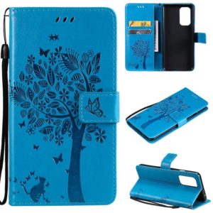 For OnePlus 9 Tree & Cat Pattern Pressed Printing Horizontal Flip PU Leather Case with Holder & Card Slots & Wallet & Lanyard(Blue) (OEM)