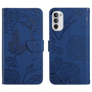 For Motorola Moto G52 Skin Feel Butterfly Peony Embossed Leather Phone Case(Blue) (OEM)