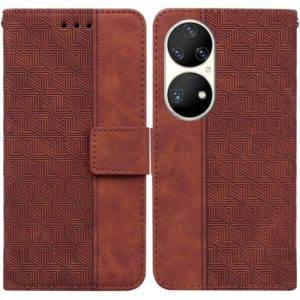 For Huawei P50 Pro Geometric Embossed Leather Phone Case(Brown) (OEM)