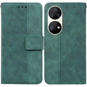 For Huawei P50 Pro Geometric Embossed Leather Phone Case(Green) (OEM)
