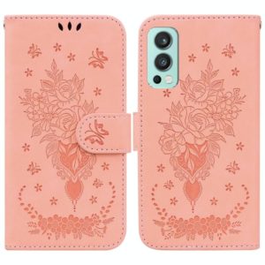 For OnePlus Nord 2 5G Butterfly Rose Embossed Leather Phone Case(Pink) (OEM)