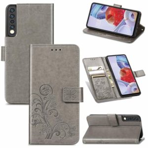 For LG Stylo 7 4G Four-leaf Clasp Embossed Buckle Mobile Phone Protection Leather Case with Lanyard & Card Slot & Wallet & Bracket Function(Gray) (OEM)