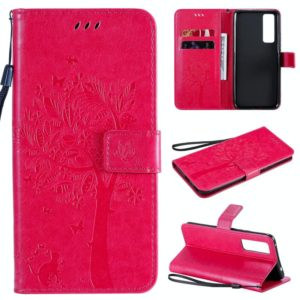 For Huawei Nova 7 Tree & Cat Embossed Pattern Horizontal Flip Leather Case with Holder & Card Slots & Wallet & Lanyard(Rose Red) (OEM)