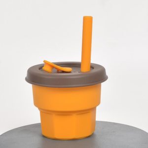Children Silicone Straw Cups Drop And High Temperature Resistant Water Cups Turmeric Cup+Brown Cover(300ml) (OEM)