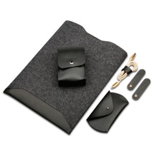 4 in 1 Laptop Crazy Horse Texture Fur Felt Inner Bag + Power Bag + Mouse Storage Bag + 3 Earphone Cable Winders for MacBook 11.6 inch (Black) (OEM)