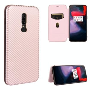 For OnePlus 6 Carbon Fiber Texture Horizontal Flip TPU + PC + PU Leather Case with Card Slot(Pink) (OEM)