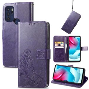 For Motorla Moto G60S Four-leaf Clasp Embossed Buckle Mobile Phone Protection Leather Case with Lanyard & Card Slot & Wallet & Bracket Function(Purple) (OEM)