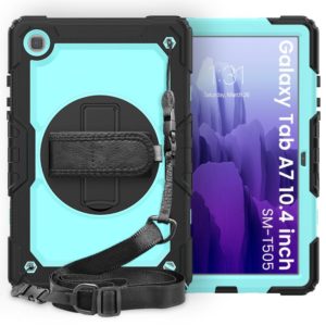 For Samsung Galaxy Tab A7 (2020) T500/T505 Shockproof Colorful Silicone + PC Protective Case with Holder & Shoulder Strap & Hand Strap & Pen Slot(Black Light Blue) (OEM)