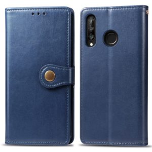 Retro Solid Color Leather Buckle Mobile Phone Protection Leather Case with Photo Frame & Card Slot & Wallet & Bracket Function for Huawei P30 Lite / Nove 4e(Blue) (OEM)