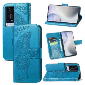 For vivo X60 Pro Butterfly Love Flowers Embossed Horizontal Flip Leather Case with Holder & Card Slots & Wallet & Lanyard(Blue) (OEM)