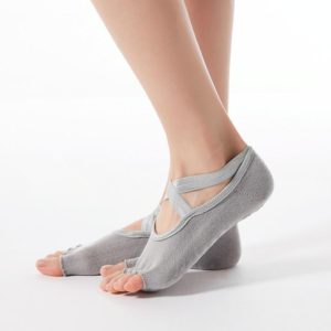 1 Pair Five-Finger Cross-Lace Yoga Cotton Socks Fashion Non-Slip Sports Dance Socks, Size: One Size(Open Toe (Light Gray)) (OEM)