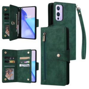 For OnePlus 9 Rivet Buckle 9 Cards Three Fold Leather Phone Case(Green) (OEM)