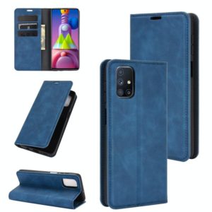 For Samsung Galaxy M51 (Side Fingerprint) Retro-skin Business Magnetic Suction Leather Case with Holder & Card Slots & Wallet(Dark Blue) (OEM)