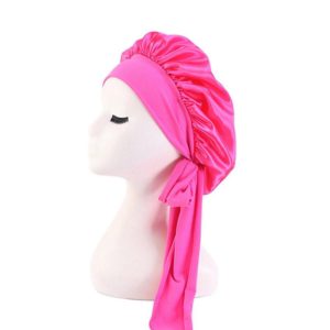 TJM-301-1 Faux Silk Adjustable Stretch Wide-Brimmed Night Hat Satin Ribbon Round Hat Shower Cap Hair Care Hat, Size: Free Size(Rose Red) (OEM)