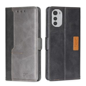 For Motorola Moto E32 4G Contrast Color Side Buckle Leather Phone Case(Black + Grey) (OEM)