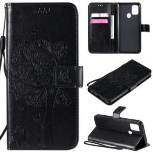 For Samsung Galaxy A21s Tree & Cat Embossed Pattern Horizontal Flip Leather Case with Holder & Card Slots & Wallet & Lanyard(Black) (OEM)