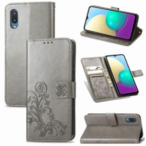 For Samsung Galaxy A02 Four-leaf Clasp Embossed Buckle Mobile Phone Protection Leather Case with Lanyard & Card Slot & Wallet & Bracket Function(Grey) (OEM)