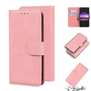 For Sony Xperia 1 Skin Feel Pure Color Flip Leather Phone Case(Pink) (OEM)